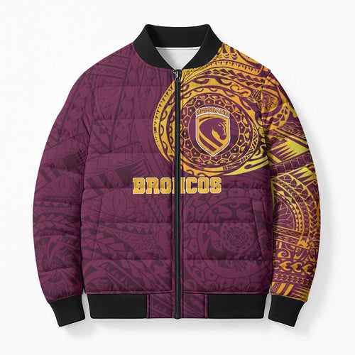 Personalized Brisbane Broncos Bomber Puffer Jacket Polynesian Tribal Chest and Sleeve Tattoo