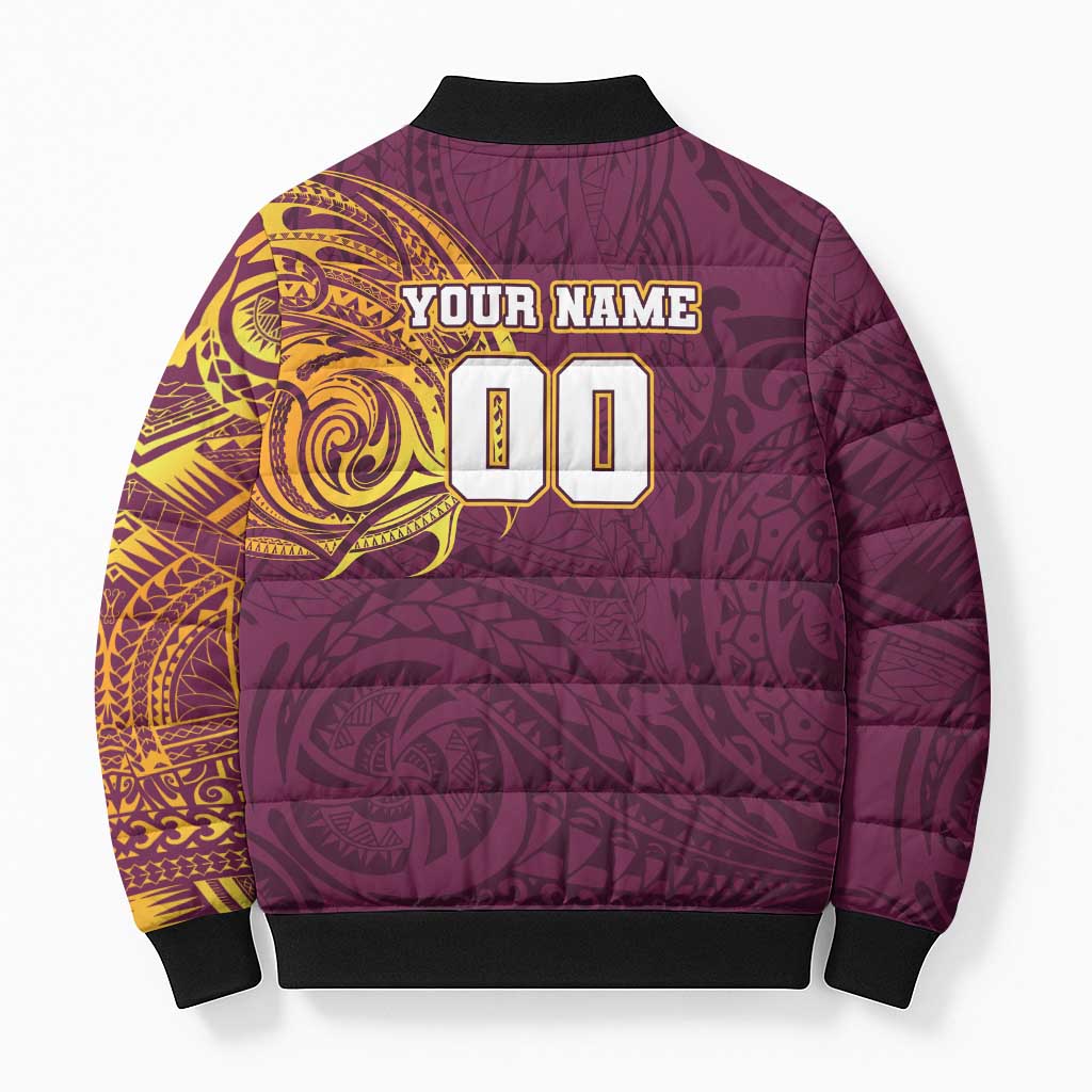 Personalized Brisbane Broncos Bomber Puffer Jacket Polynesian Tribal Chest and Sleeve Tattoo