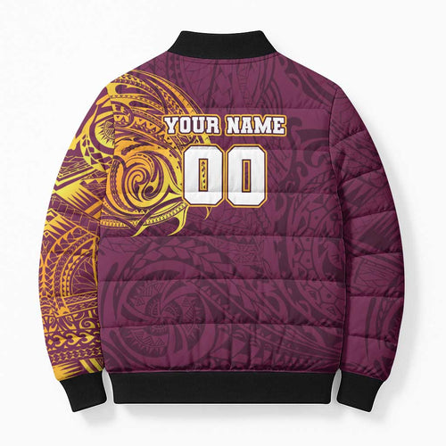 Personalized Brisbane Broncos Bomber Puffer Jacket Polynesian Tribal Chest and Sleeve Tattoo