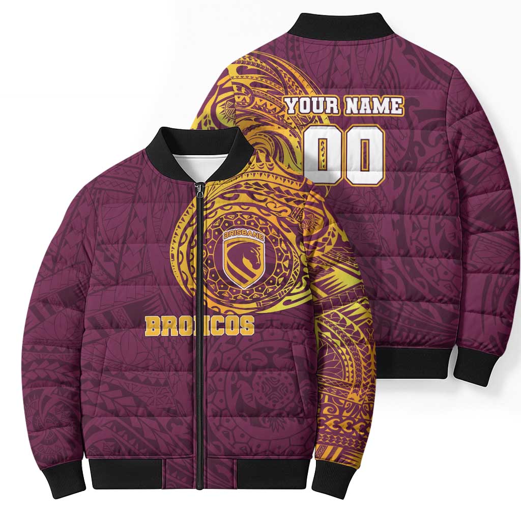 Personalized Brisbane Broncos Bomber Puffer Jacket Polynesian Tribal Chest and Sleeve Tattoo