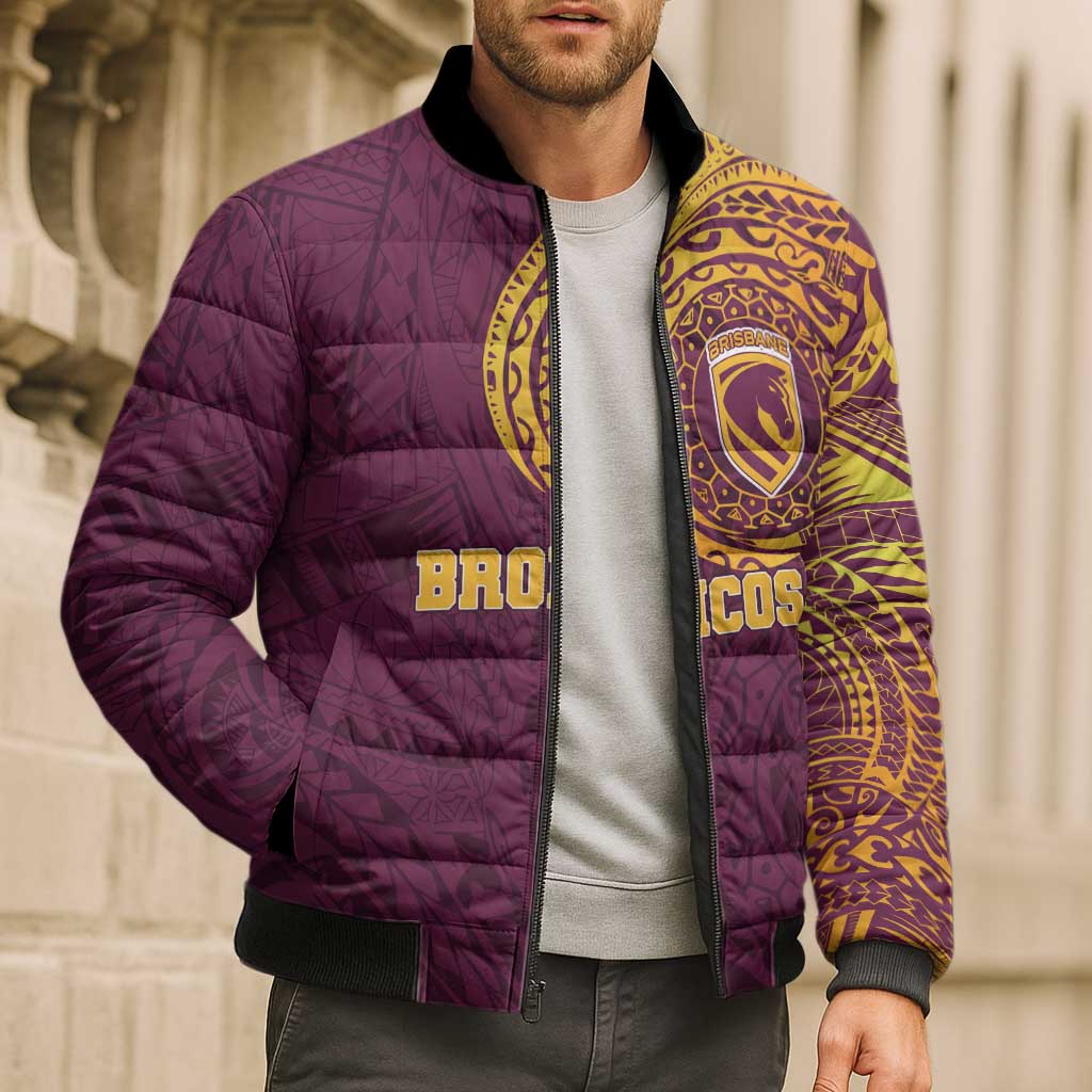 Personalized Brisbane Broncos Bomber Puffer Jacket Polynesian Tribal Chest and Sleeve Tattoo