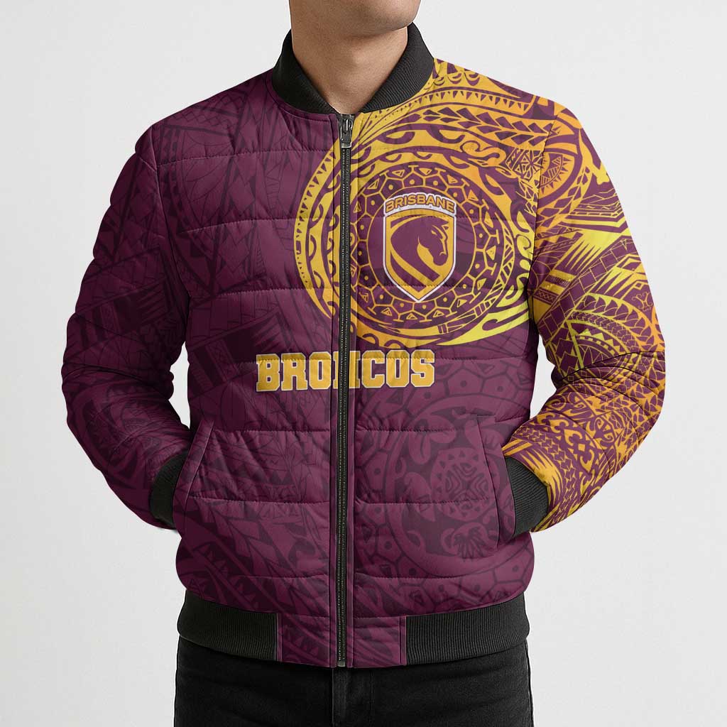 Personalized Brisbane Broncos Bomber Puffer Jacket Polynesian Tribal Chest and Sleeve Tattoo