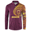 Personalized Brisbane Broncos Button Sweatshirt Polynesian Tribal Chest and Sleeve Tattoo