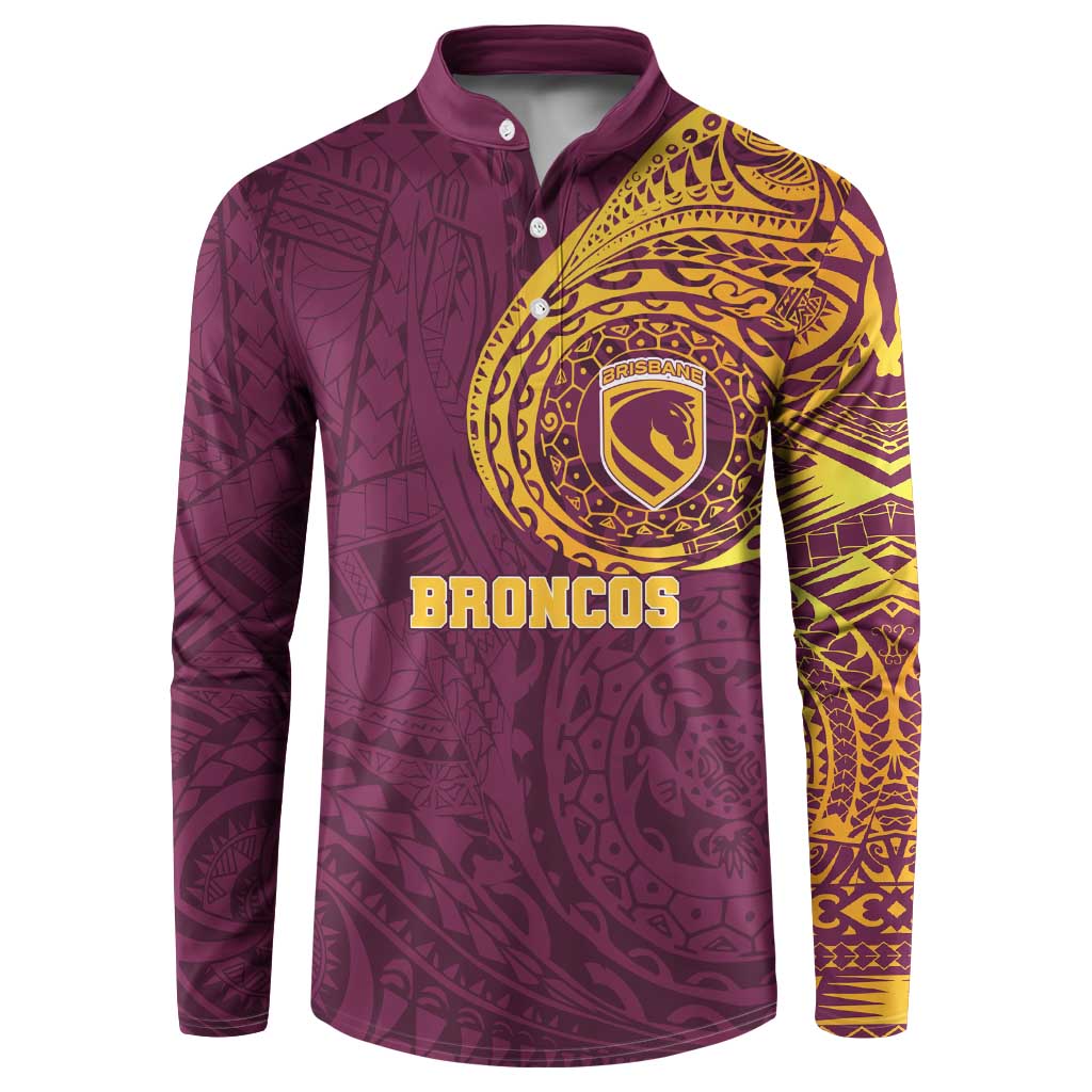 Personalized Brisbane Broncos Button Sweatshirt Polynesian Tribal Chest and Sleeve Tattoo