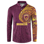Personalized Brisbane Broncos Button Sweatshirt Polynesian Tribal Chest and Sleeve Tattoo