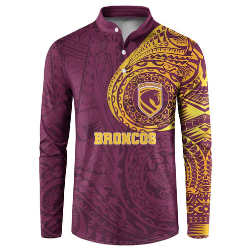 Personalized Brisbane Broncos Button Sweatshirt Polynesian Tribal Chest and Sleeve Tattoo