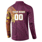 Personalized Brisbane Broncos Button Sweatshirt Polynesian Tribal Chest and Sleeve Tattoo