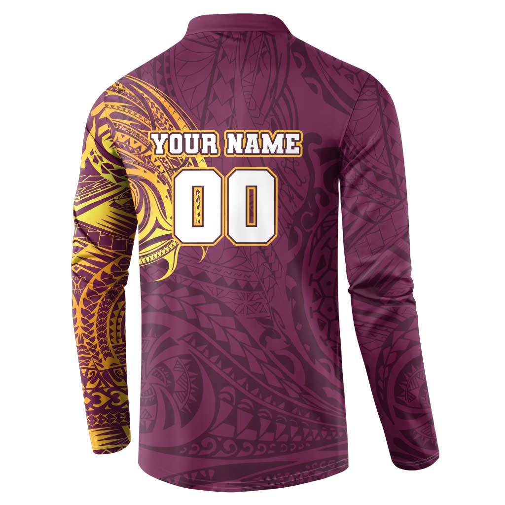 Personalized Brisbane Broncos Button Sweatshirt Polynesian Tribal Chest and Sleeve Tattoo
