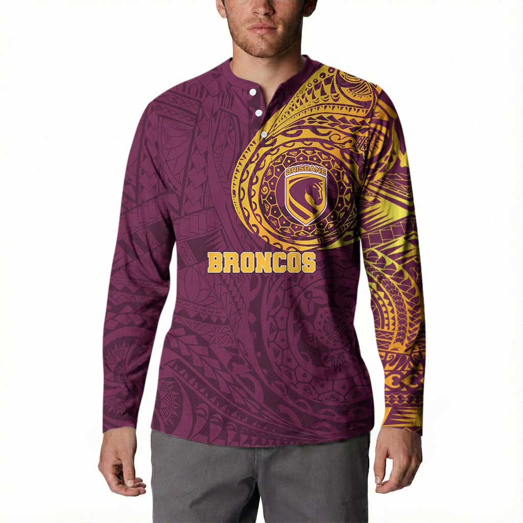 Personalized Brisbane Broncos Button Sweatshirt Polynesian Tribal Chest and Sleeve Tattoo
