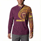 Personalized Brisbane Broncos Button Sweatshirt Polynesian Tribal Chest and Sleeve Tattoo