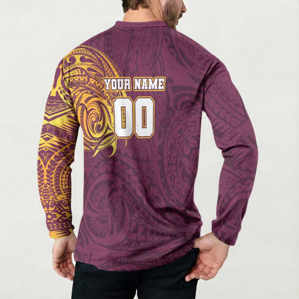 Personalized Brisbane Broncos Button Sweatshirt Polynesian Tribal Chest and Sleeve Tattoo