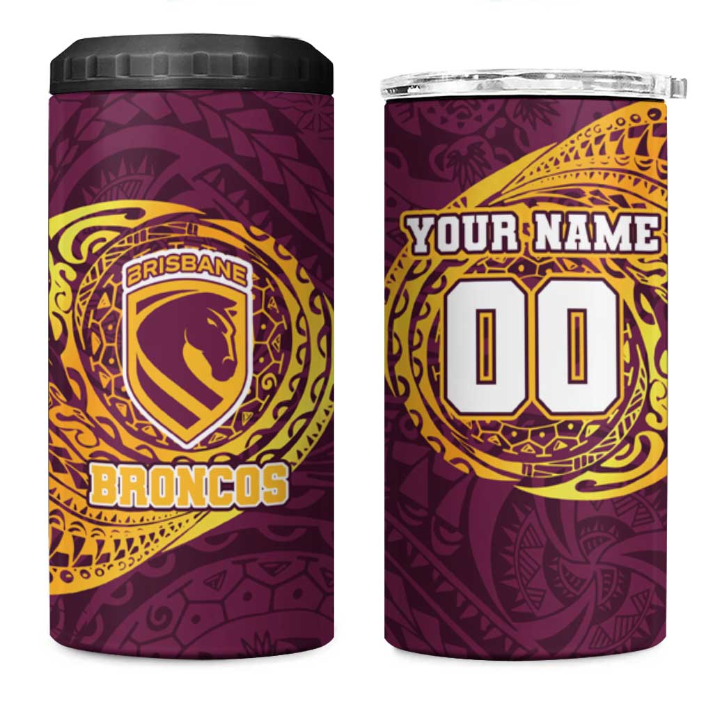 Personalized Brisbane Broncos 4 in 1 Can Cooler Tumbler Polynesian Tribal Chest and Sleeve Tattoo