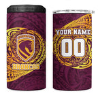 Personalized Brisbane Broncos 4 in 1 Can Cooler Tumbler Polynesian Tribal Chest and Sleeve Tattoo