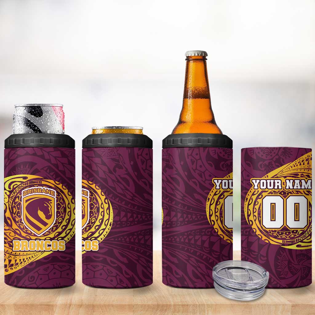 Personalized Brisbane Broncos 4 in 1 Can Cooler Tumbler Polynesian Tribal Chest and Sleeve Tattoo