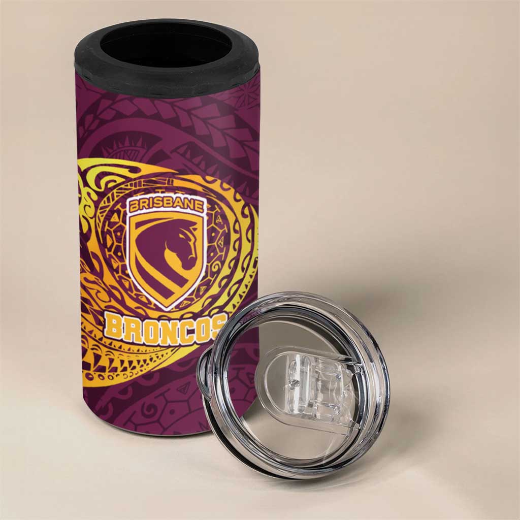 Personalized Brisbane Broncos 4 in 1 Can Cooler Tumbler Polynesian Tribal Chest and Sleeve Tattoo