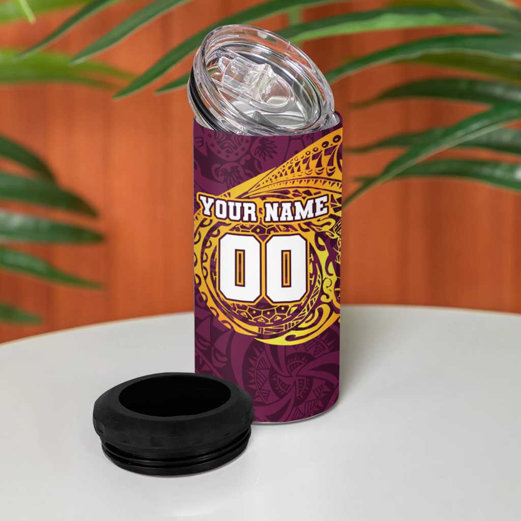 Personalized Brisbane Broncos 4 in 1 Can Cooler Tumbler Polynesian Tribal Chest and Sleeve Tattoo