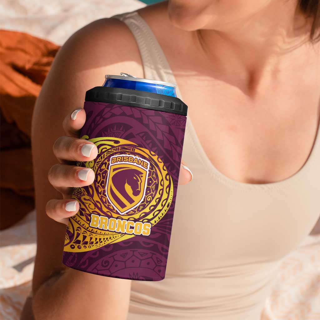 Personalized Brisbane Broncos 4 in 1 Can Cooler Tumbler Polynesian Tribal Chest and Sleeve Tattoo