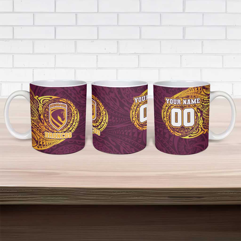 Personalized Brisbane Broncos Ceramic Mug Polynesian Tribal Chest and Sleeve Tattoo