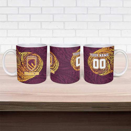 Personalized Brisbane Broncos Ceramic Mug Polynesian Tribal Chest and Sleeve Tattoo