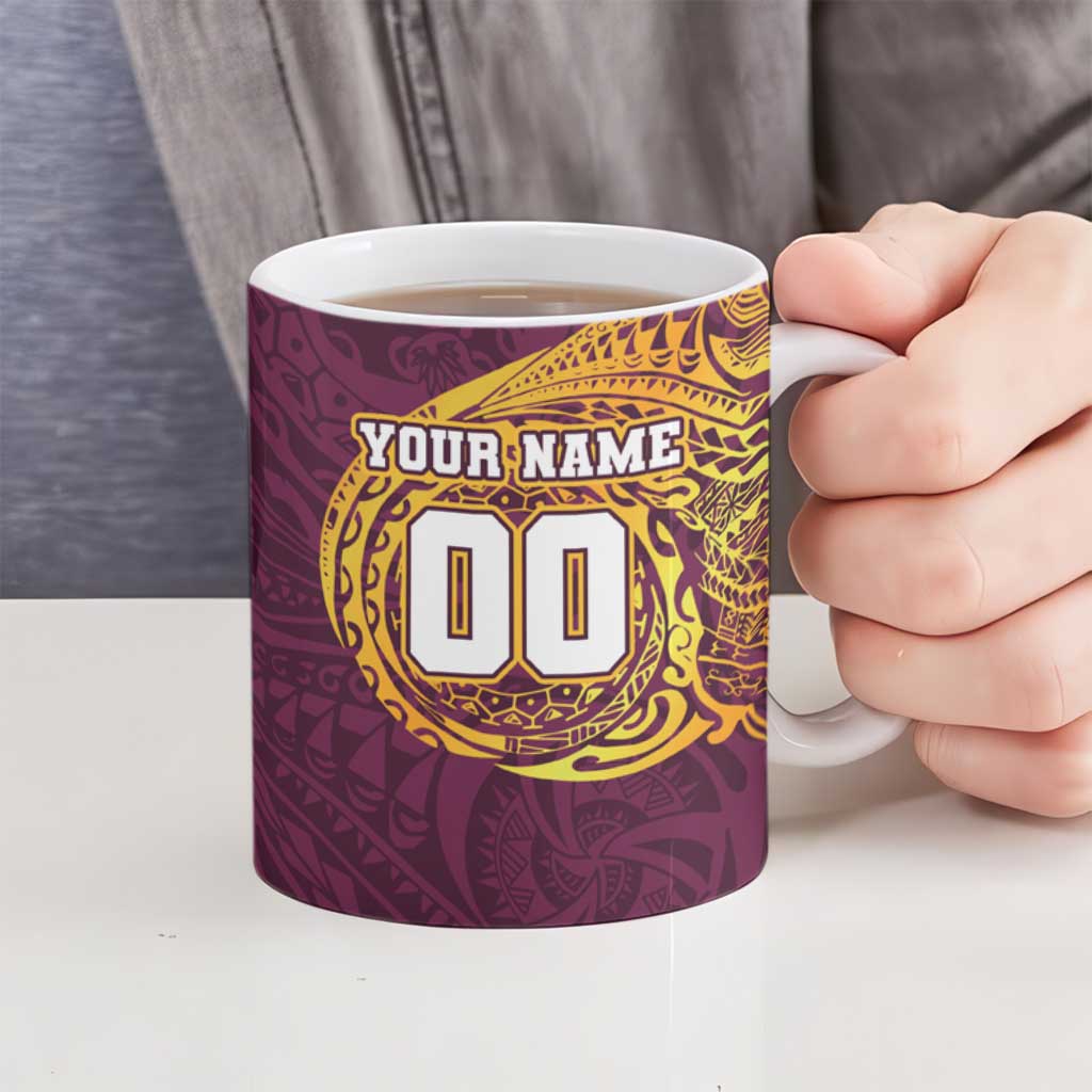 Personalized Brisbane Broncos Ceramic Mug Polynesian Tribal Chest and Sleeve Tattoo