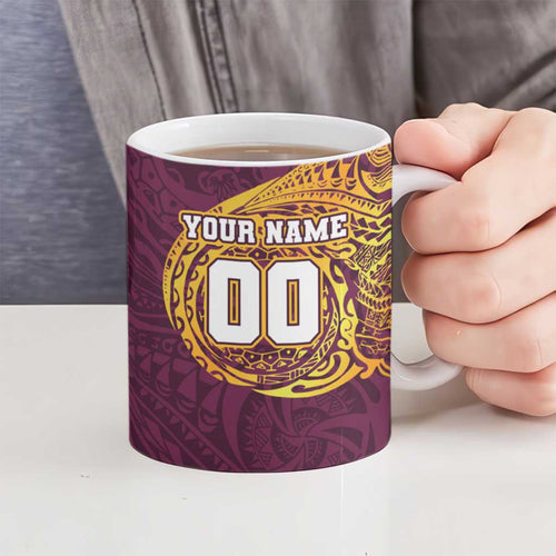 Personalized Brisbane Broncos Ceramic Mug Polynesian Tribal Chest and Sleeve Tattoo