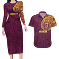Personalized Brisbane Broncos Couples Matching Long Sleeve Bodycon Dress and Hawaiian Shirt Polynesian Tribal Chest and Sleeve Tattoo