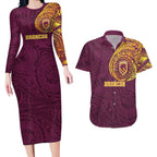 Personalized Brisbane Broncos Couples Matching Long Sleeve Bodycon Dress and Hawaiian Shirt Polynesian Tribal Chest and Sleeve Tattoo
