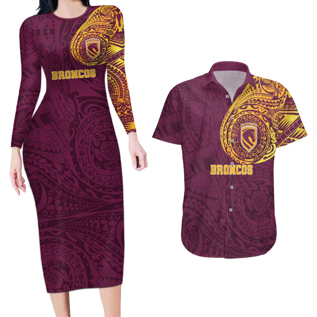Personalized Brisbane Broncos Couples Matching Long Sleeve Bodycon Dress and Hawaiian Shirt Polynesian Tribal Chest and Sleeve Tattoo