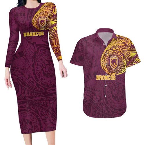 Personalized Brisbane Broncos Couples Matching Long Sleeve Bodycon Dress and Hawaiian Shirt Polynesian Tribal Chest and Sleeve Tattoo