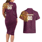 Personalized Brisbane Broncos Couples Matching Long Sleeve Bodycon Dress and Hawaiian Shirt Polynesian Tribal Chest and Sleeve Tattoo