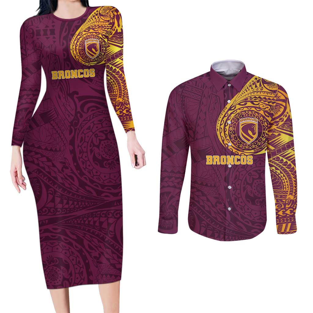 Personalized Brisbane Broncos Couples Matching Long Sleeve Bodycon Dress and Long Sleeve Button Shirt Polynesian Tribal Chest and Sleeve Tattoo