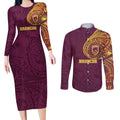 Personalized Brisbane Broncos Couples Matching Long Sleeve Bodycon Dress and Long Sleeve Button Shirt Polynesian Tribal Chest and Sleeve Tattoo