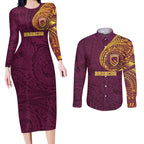 Personalized Brisbane Broncos Couples Matching Long Sleeve Bodycon Dress and Long Sleeve Button Shirt Polynesian Tribal Chest and Sleeve Tattoo