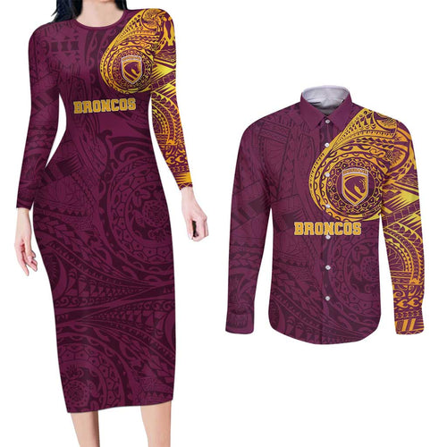 Personalized Brisbane Broncos Couples Matching Long Sleeve Bodycon Dress and Long Sleeve Button Shirt Polynesian Tribal Chest and Sleeve Tattoo