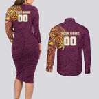 Personalized Brisbane Broncos Couples Matching Long Sleeve Bodycon Dress and Long Sleeve Button Shirt Polynesian Tribal Chest and Sleeve Tattoo