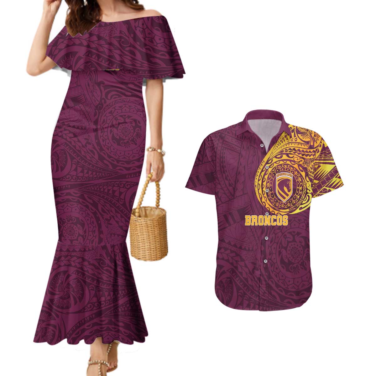 Personalized Brisbane Broncos Couples Matching Mermaid Dress and Hawaiian Shirt Polynesian Tribal Chest and Sleeve Tattoo