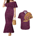 Personalized Brisbane Broncos Couples Matching Mermaid Dress and Hawaiian Shirt Polynesian Tribal Chest and Sleeve Tattoo
