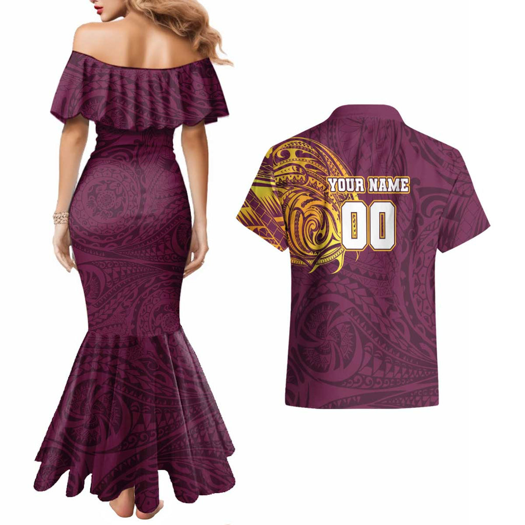 Personalized Brisbane Broncos Couples Matching Mermaid Dress and Hawaiian Shirt Polynesian Tribal Chest and Sleeve Tattoo