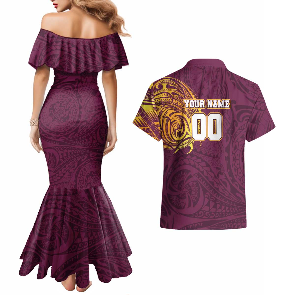 Personalized Brisbane Broncos Couples Matching Mermaid Dress and Hawaiian Shirt Polynesian Tribal Chest and Sleeve Tattoo