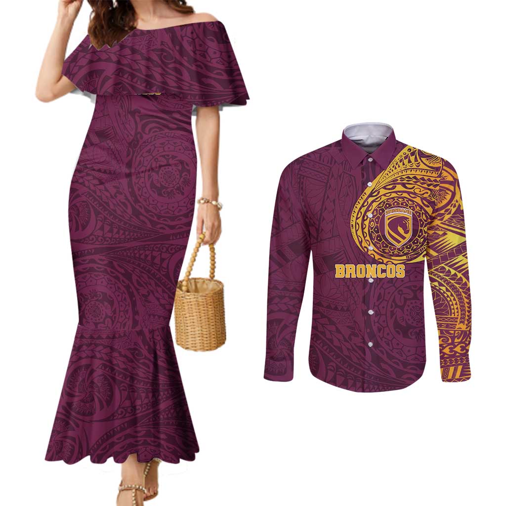 Personalized Brisbane Broncos Couples Matching Mermaid Dress and Long Sleeve Button Shirt Polynesian Tribal Chest and Sleeve Tattoo
