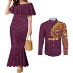 Personalized Brisbane Broncos Couples Matching Mermaid Dress and Long Sleeve Button Shirt Polynesian Tribal Chest and Sleeve Tattoo