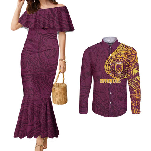 Personalized Brisbane Broncos Couples Matching Mermaid Dress and Long Sleeve Button Shirt Polynesian Tribal Chest and Sleeve Tattoo