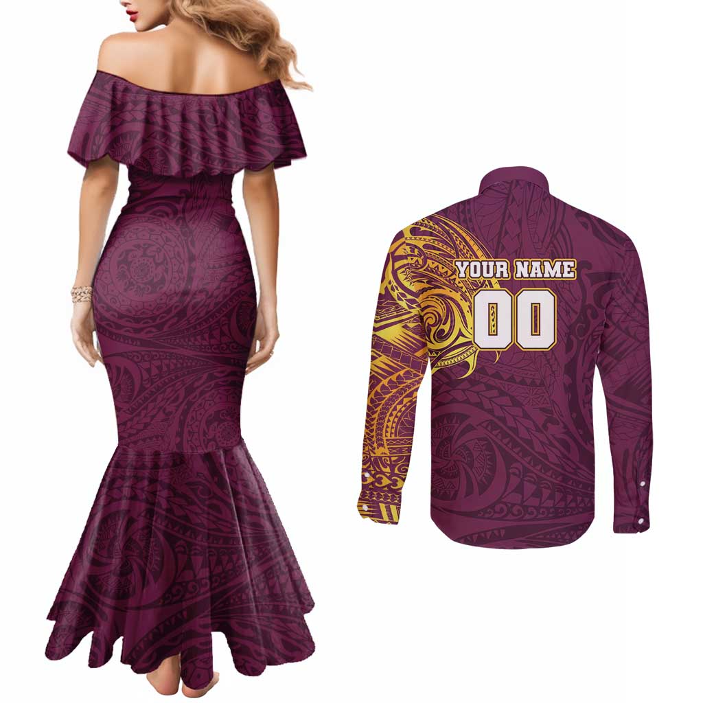 Personalized Brisbane Broncos Couples Matching Mermaid Dress and Long Sleeve Button Shirt Polynesian Tribal Chest and Sleeve Tattoo