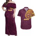 Personalized Brisbane Broncos Couples Matching Off Shoulder Maxi Dress and Hawaiian Shirt Polynesian Tribal Chest and Sleeve Tattoo