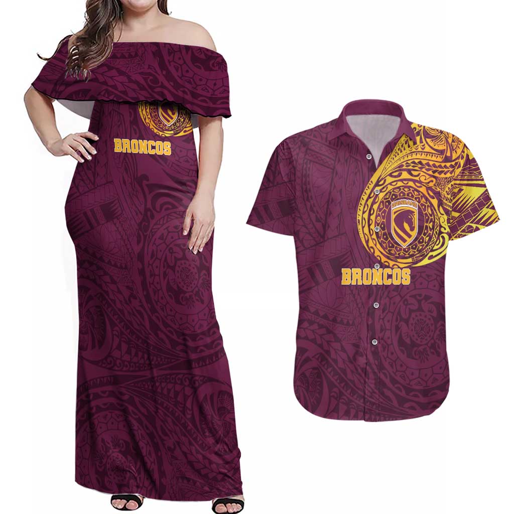 Personalized Brisbane Broncos Couples Matching Off Shoulder Maxi Dress and Hawaiian Shirt Polynesian Tribal Chest and Sleeve Tattoo
