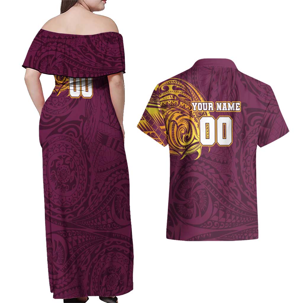 Personalized Brisbane Broncos Couples Matching Off Shoulder Maxi Dress and Hawaiian Shirt Polynesian Tribal Chest and Sleeve Tattoo