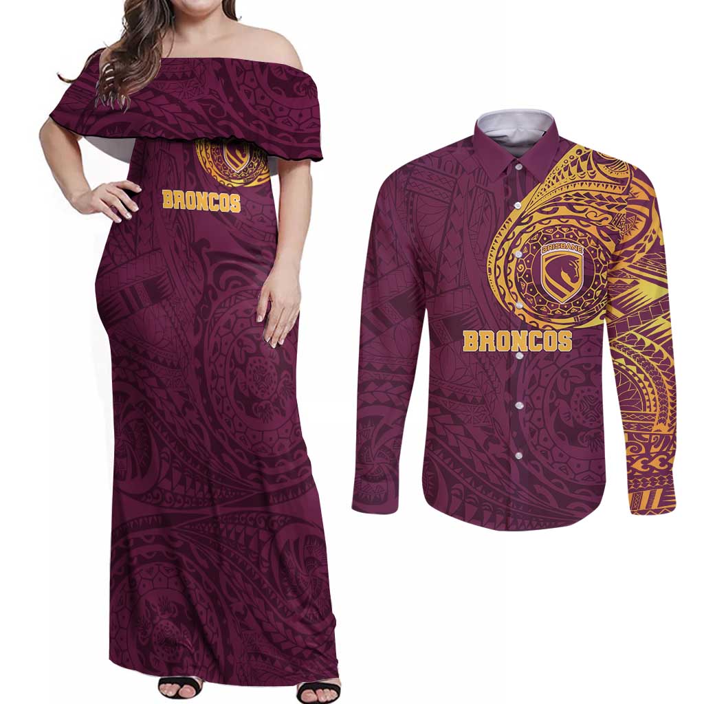 Personalized Brisbane Broncos Couples Matching Off Shoulder Maxi Dress and Long Sleeve Button Shirt Polynesian Tribal Chest and Sleeve Tattoo