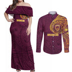 Personalized Brisbane Broncos Couples Matching Off Shoulder Maxi Dress and Long Sleeve Button Shirt Polynesian Tribal Chest and Sleeve Tattoo