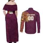 Personalized Brisbane Broncos Couples Matching Off Shoulder Maxi Dress and Long Sleeve Button Shirt Polynesian Tribal Chest and Sleeve Tattoo