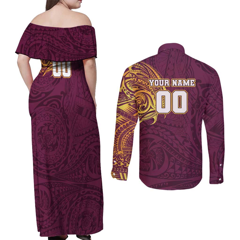 Personalized Brisbane Broncos Couples Matching Off Shoulder Maxi Dress and Long Sleeve Button Shirt Polynesian Tribal Chest and Sleeve Tattoo